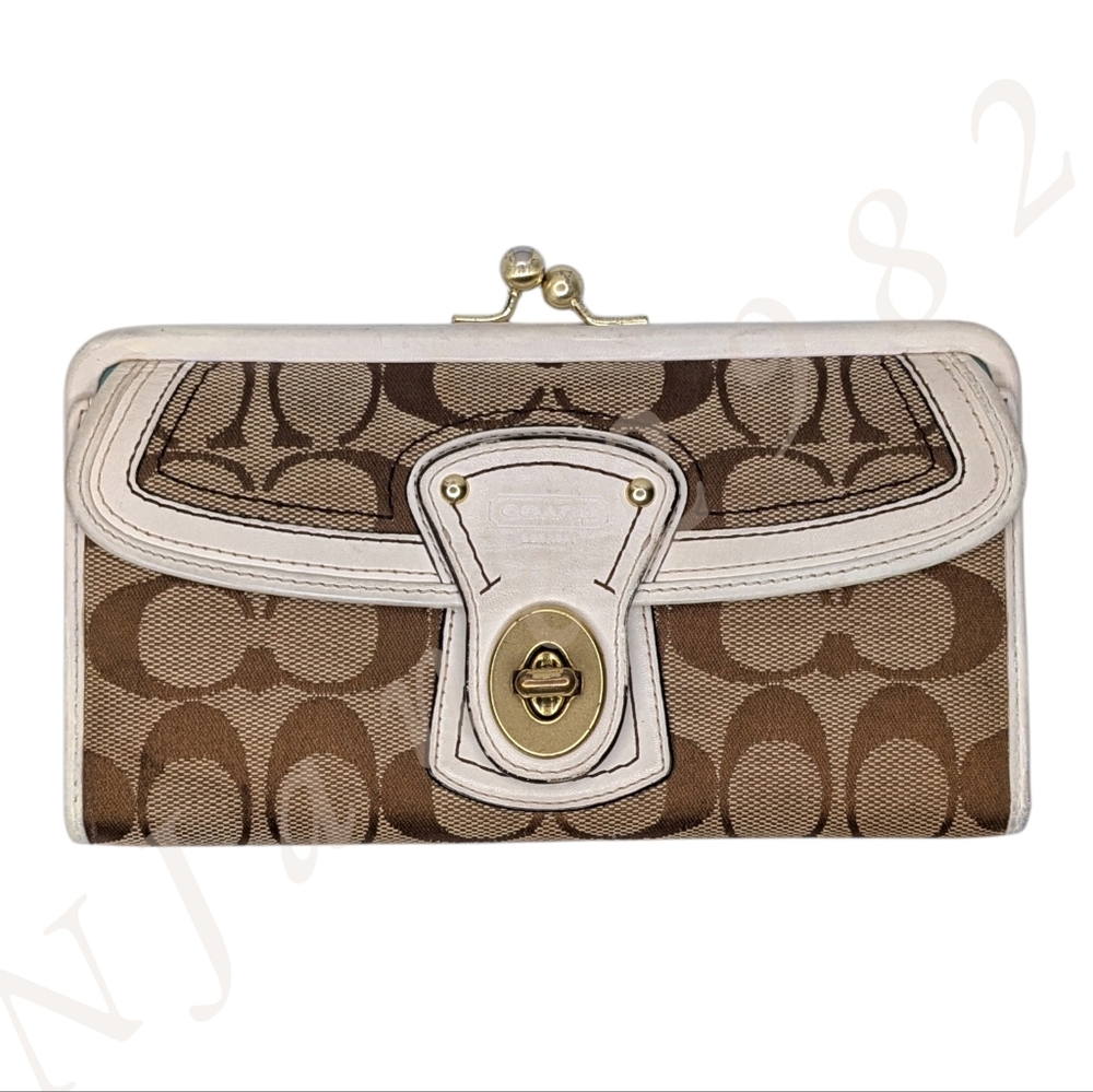 Coach Legacy Kisslock Wallet Khaki Signature Canvas Leather Turnlock Vintage Y2K - Picture 2 of 12